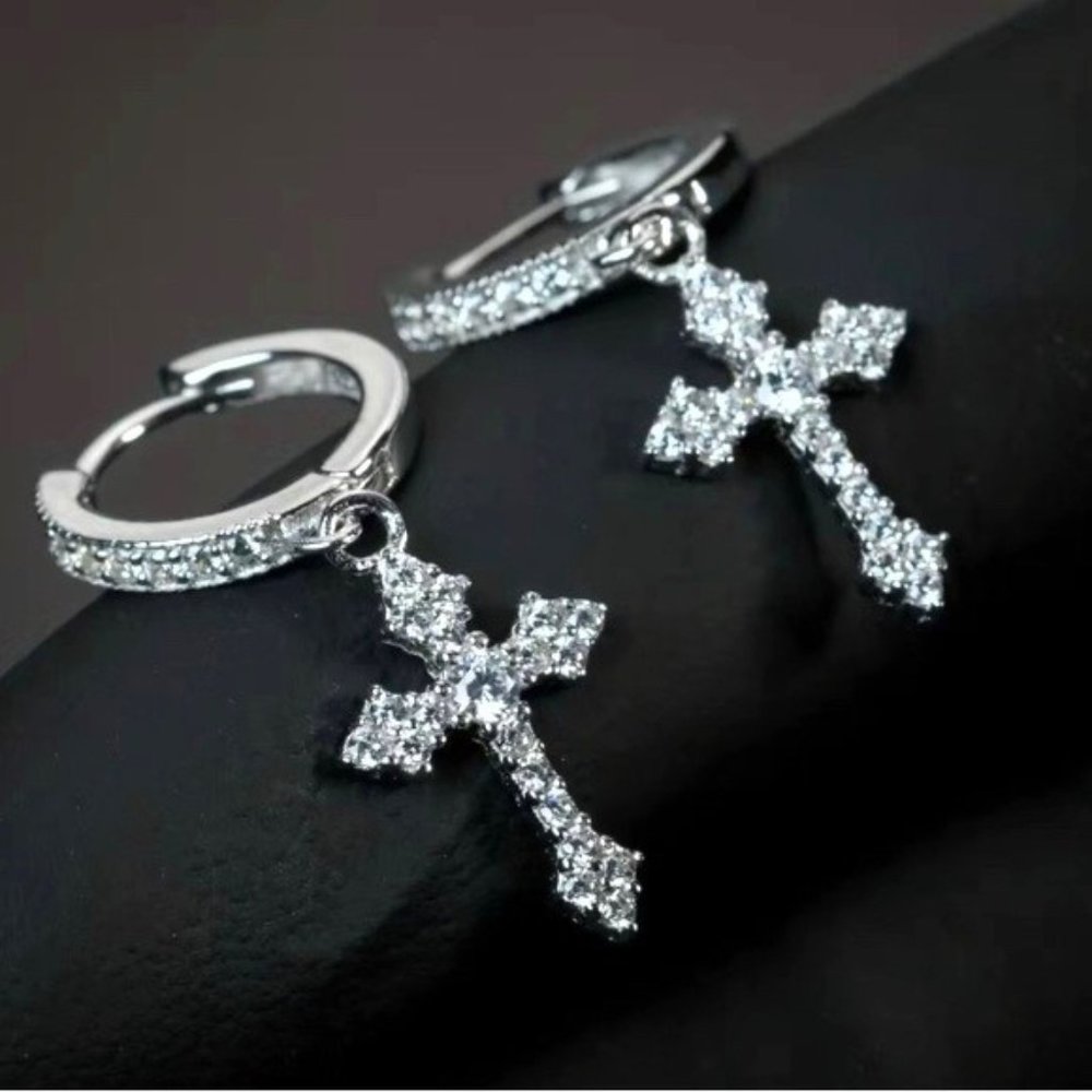Cross Bling earrings 1.1 inch long CZ cubic zirconia shiney holiday